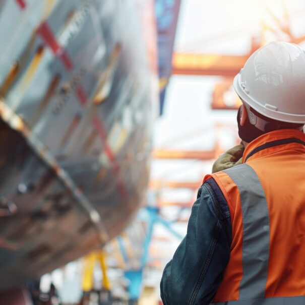 An industrial; worker wearing a safety helmet and reflective vest closely inspecting hull at a dockyard.