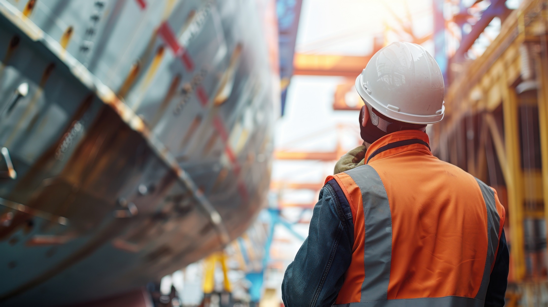 An industrial; worker wearing a safety helmet and reflective vest closely inspecting hull at a dockyard.